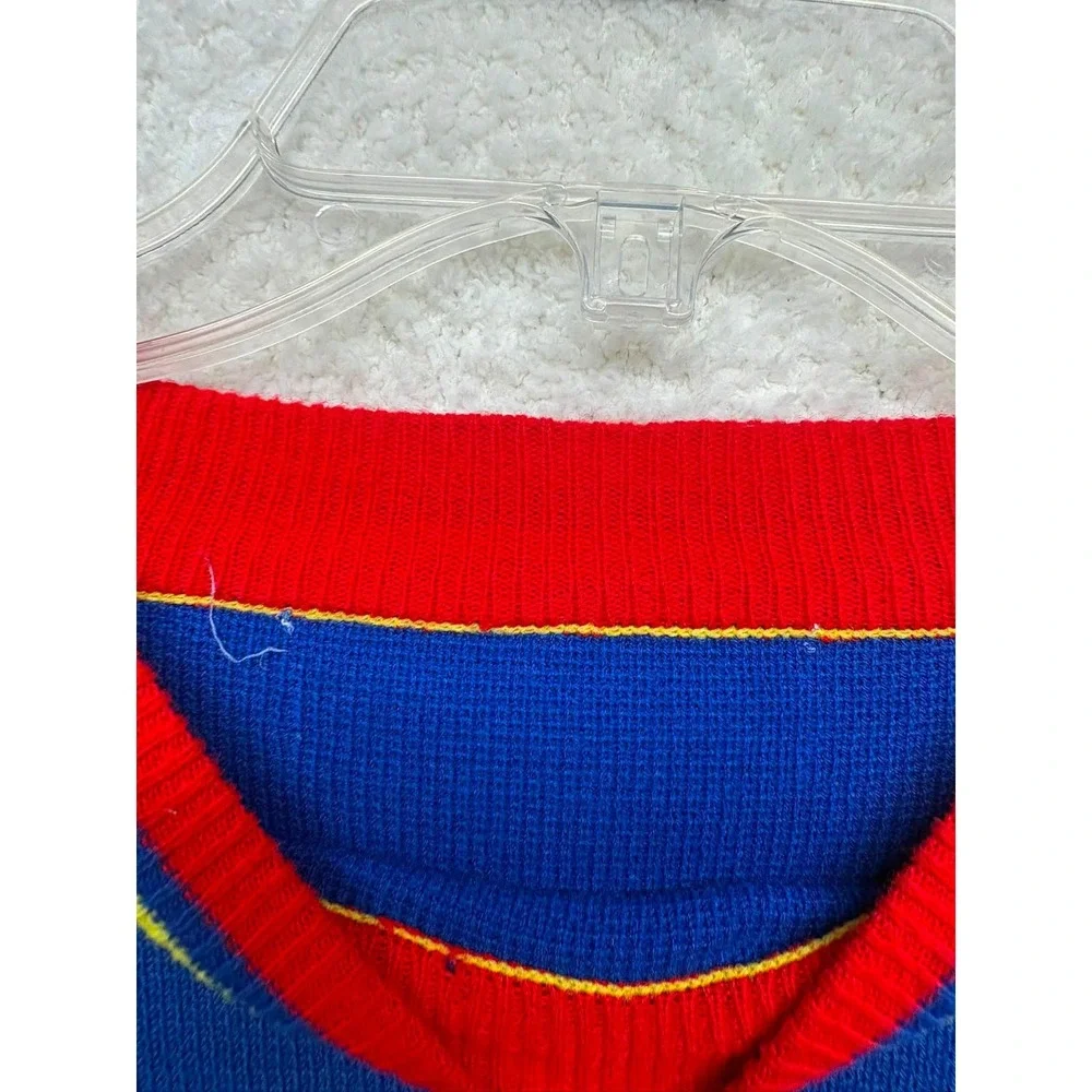 Vintage Color Block Knit Sweater Blue Yellow Red Striped Crewneck Mens XL